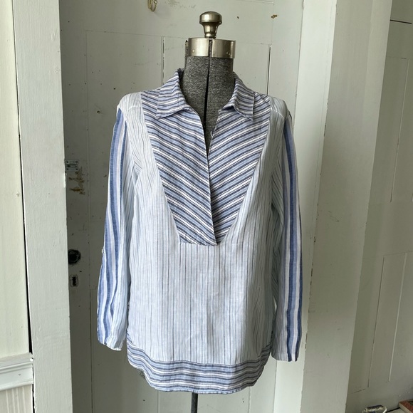 Coldwater Creek Linen Stripe Popover Blouse Roll Tab Sleeves - Picture 2 of 11